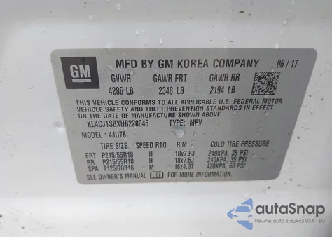 2017 Buick Encore Sport Touring z USA, uszkodzony, nr VIN KL4CJ1SBXHB228046